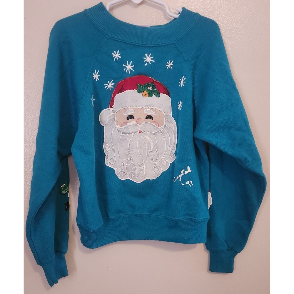 Vintage Kids Christmas Sweatshirt Teal Blue Her Way By Hanes Size Small USA Made